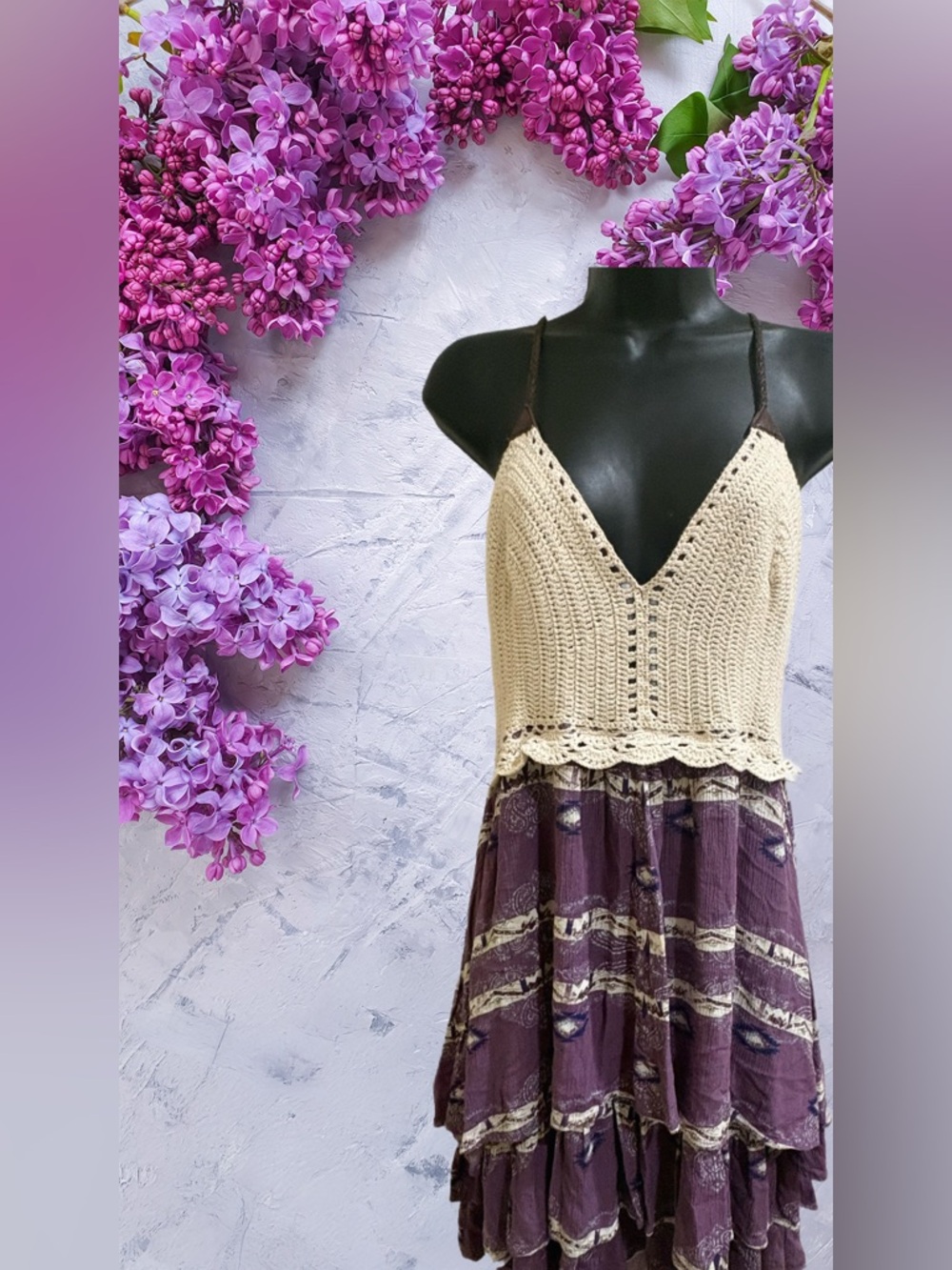 Boho Crochet Top Tiered Maxi Dress in Cream and Plum by Shyanne ⭐️NEW⭐️